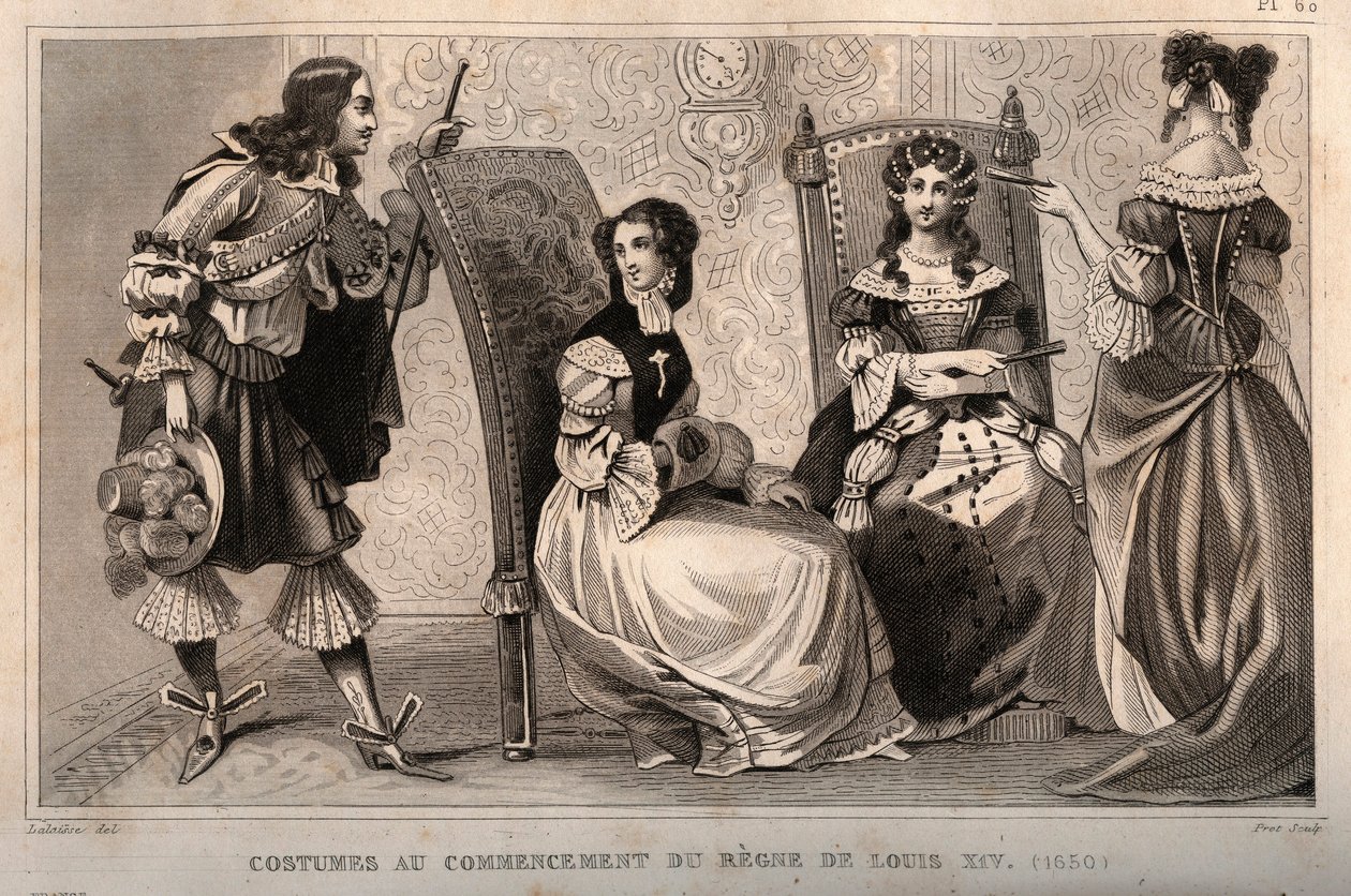 Costumes at the beginning of the regne of Louis XIV (1650). Engraving from 1859 in “” Le Monde. History of all peoples from the most remote times to the present day”. by M. E. de Lostalot-Bachoue (Lostalot Bachoue). Private collection. 作者 匿名匿名