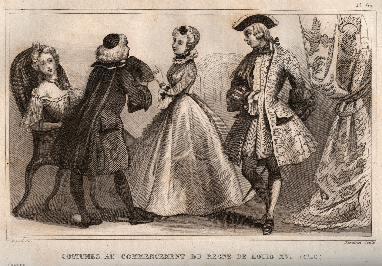 Costumes at the beginning of the regne of Louis XV (1720). Engraving from 1859 in “” Le Monde. History of all peoples from the most remote times to the present day”. by M. E. de Lostalot-Bachoue (Lostalot Bachoue). Private collection. 作者 匿名匿名
