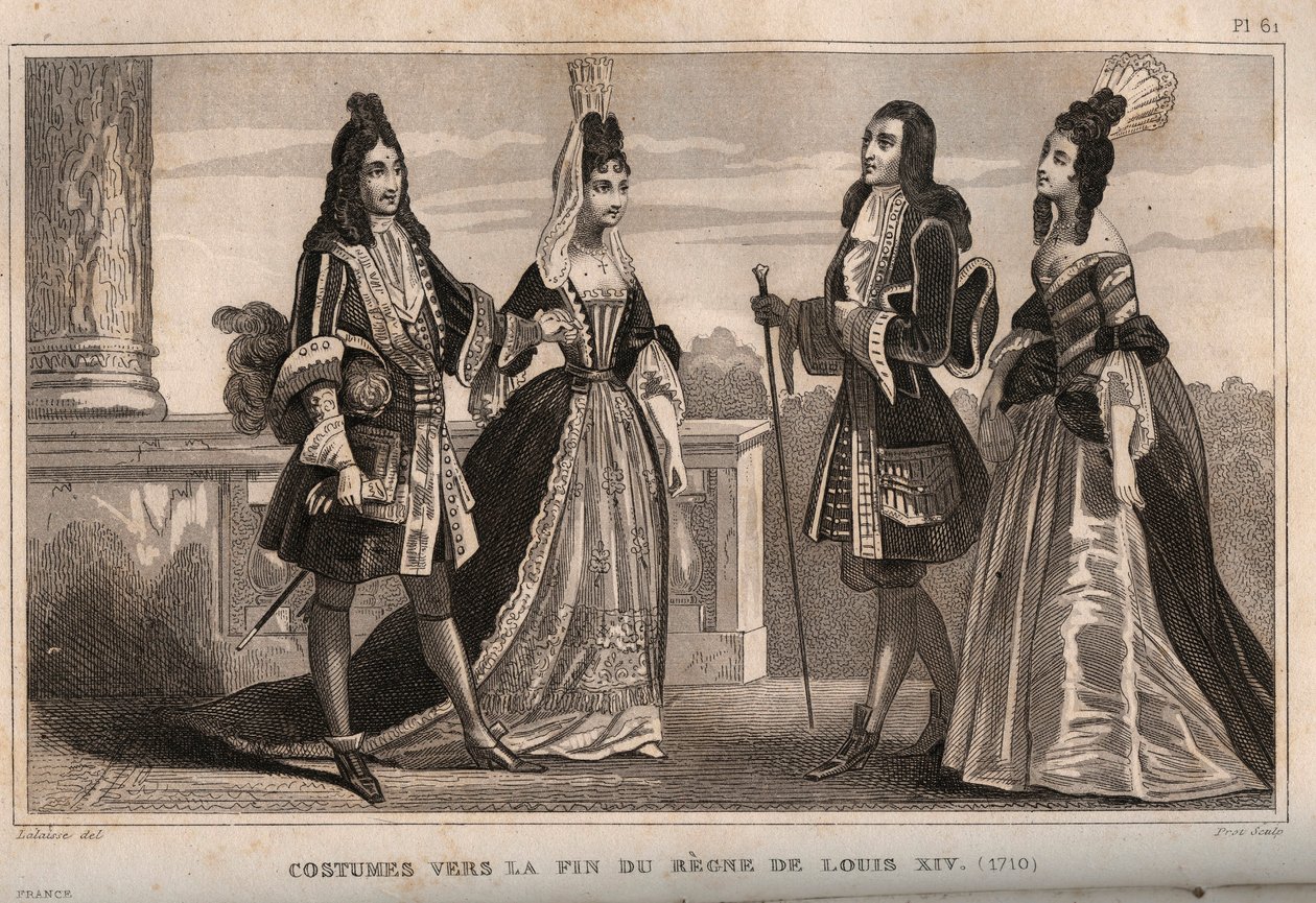 路易十四国王统治末期（1710年）的服装。1859年在《世界》中的雕刻。从最遥远的时代到今天的所有民族的历史"。 作者是M. E. de Lostalot-Bachoue（洛斯塔洛特-巴乔）。私人收藏。 作者 匿名匿名