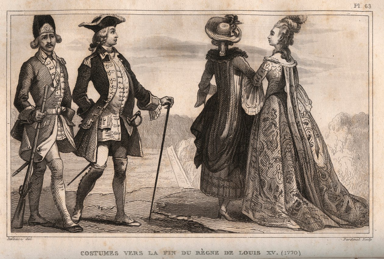 路易十五国王统治末期（1770年）的服装。1859年在《世界》中的版画。从最遥远的时代到今天的所有民族的历史"。 作者是M. E. de Lostalot-Bachoue（洛斯塔洛特-巴乔）。私人收藏。 作者 匿名匿名