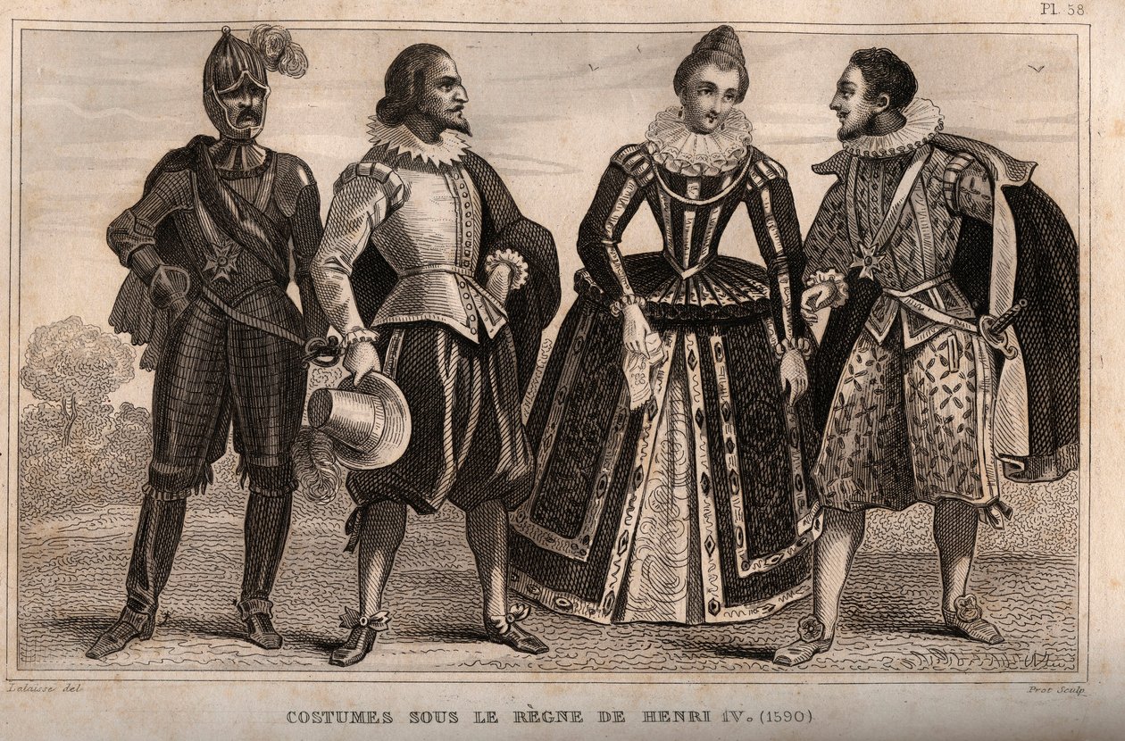 Costumes under the rule of Henry IV (1590). Engraving from 1859 in “” Le Monde. History of all peoples from the most remote times to the present day”. by M. E. de Lostalot-Bachoue (Lostalot Bachoue). Private collection. 作者 匿名匿名