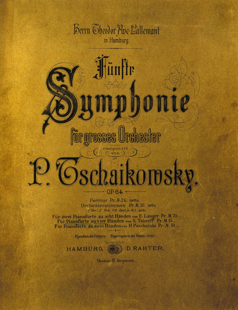 Cover of the score of the Symphony n. 5 in E minor Opus 64 by Piotr or Petr Ilyich Tchaikovsky (or Tchaikovsky or Ciajkovskij or Tchaikowsky 作者 匿名匿名