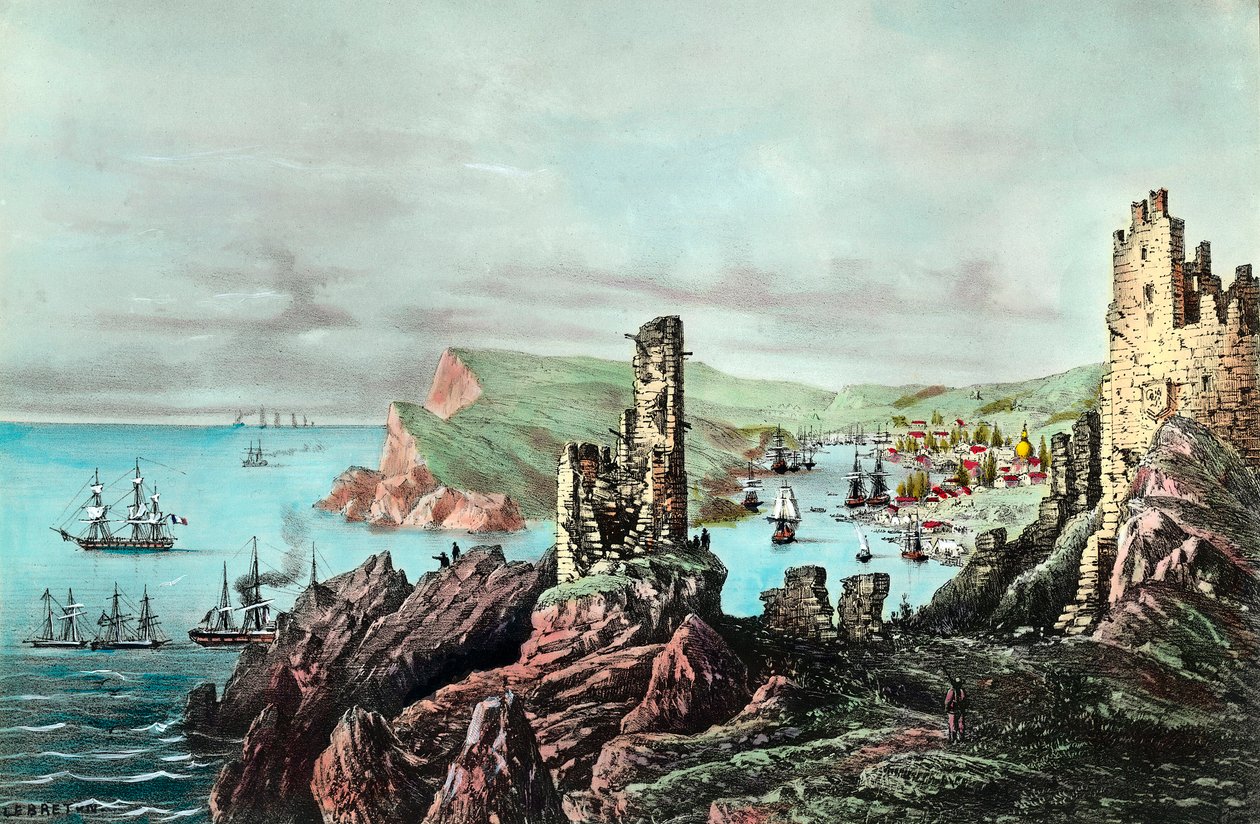 Crimee War: view of Balaklava harbour in Crimee. Engraving around 1854-1855. Private collection 作者 匿名匿名