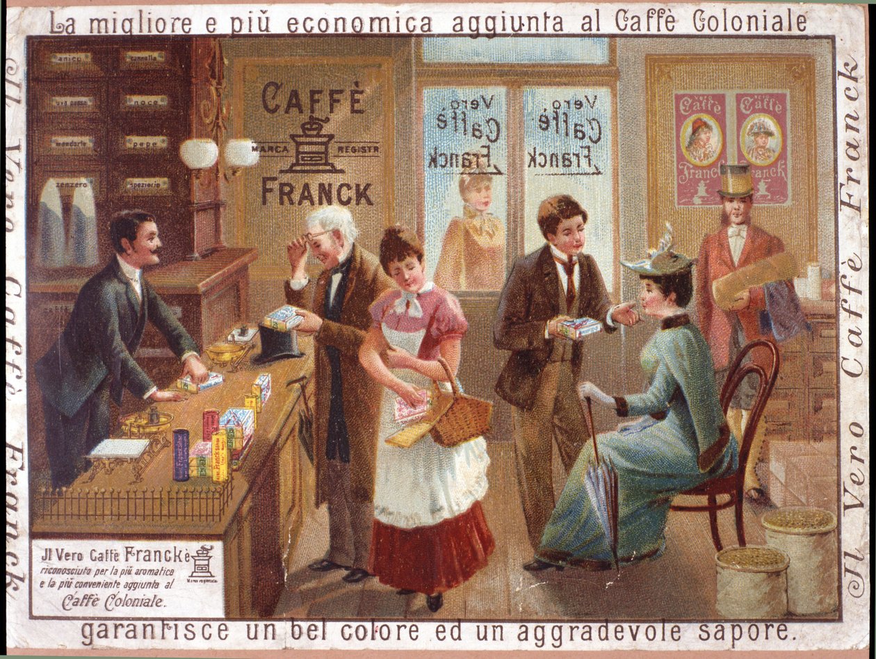 在一家杂货店卖咖啡的顾客。"Caffe Franck "的广告。色素平版印刷，约1900年。 作者 匿名匿名