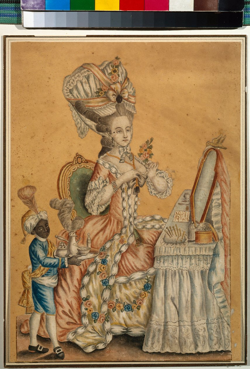 Dame a sa table de toilette avec un garcon noir qui la sert（女士与黑人男孩在盥洗室）--佚名作品，纸面水彩画，约 1770 年（29,2x21,2 厘米）--莫斯科国立特列季亚科夫画廊 作者 匿名匿名