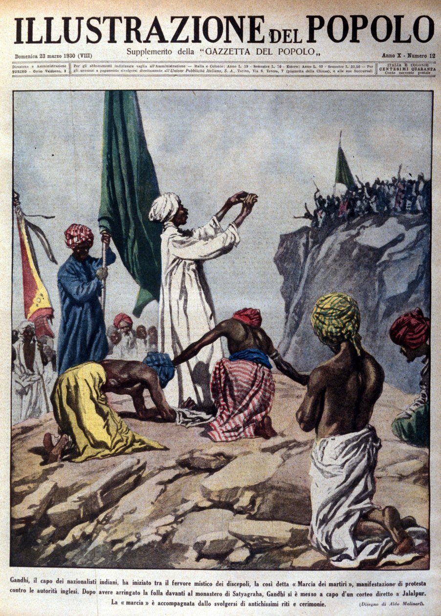 由政治领袖莫罕达斯·卡拉姆昌德·甘地（Mohandas Karamchand Gandhi，1869-1948 年）领导的抗议英国当局的示威活动，描绘了所谓的烈士游行期间向贾莱布尔游行的仪式。 插图取自 1930 年 3 月的“”L