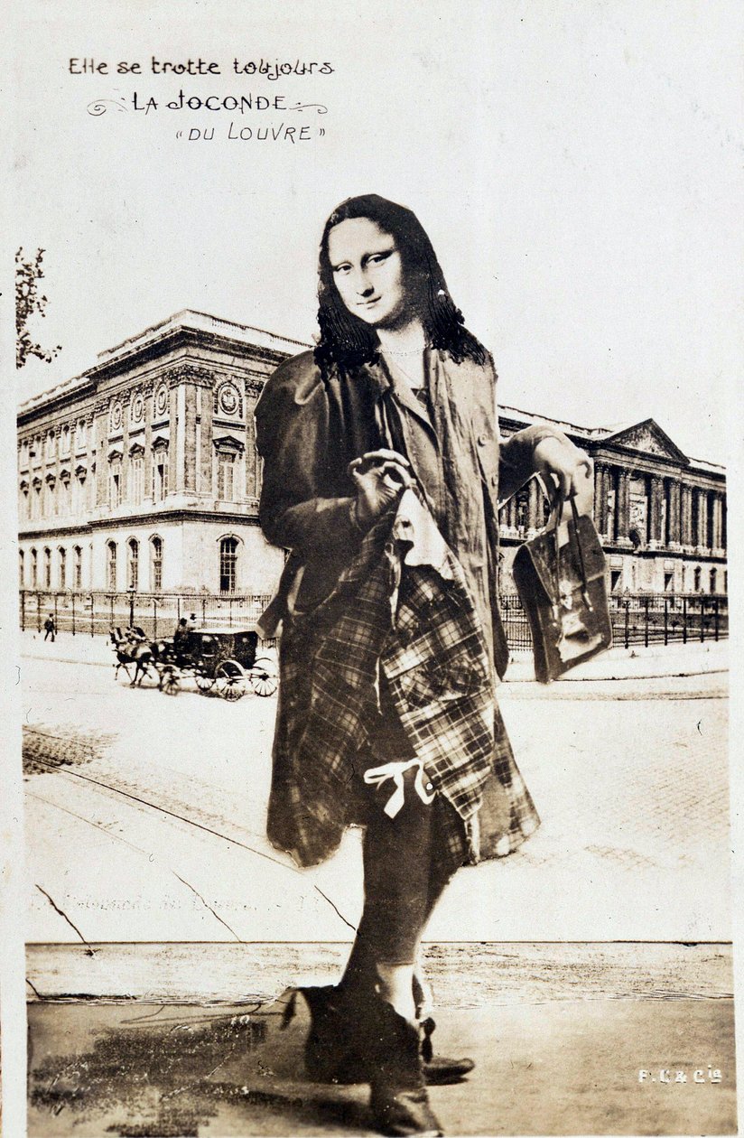 Detournee representation of “The Mona Lisa” by Leonard de Vinci (Leonardo da Vinci) (1452-1519): Mona Lisa (Monna Lisa) represented in a plaid skirt traveling around the world. Comedy postcard edited at the time of the theft of the work by Vincenzo Peruggi 作者 匿名匿名