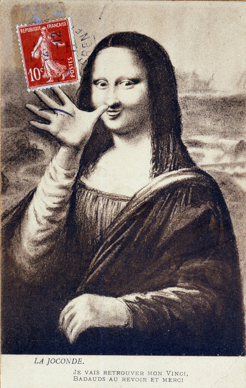 列奥纳多·达·芬奇 (Leonardo da Vinci) (1452-1519) (1452-1519) 的《蒙娜丽莎》的绕行表现：蒙娜丽莎 (Monna Lisa) 的问候，表示她离开去寻找她的《蒙娜丽莎》。喜剧明信片编辑于 文森佐·佩尔作品被盗时间 作者 匿名匿名