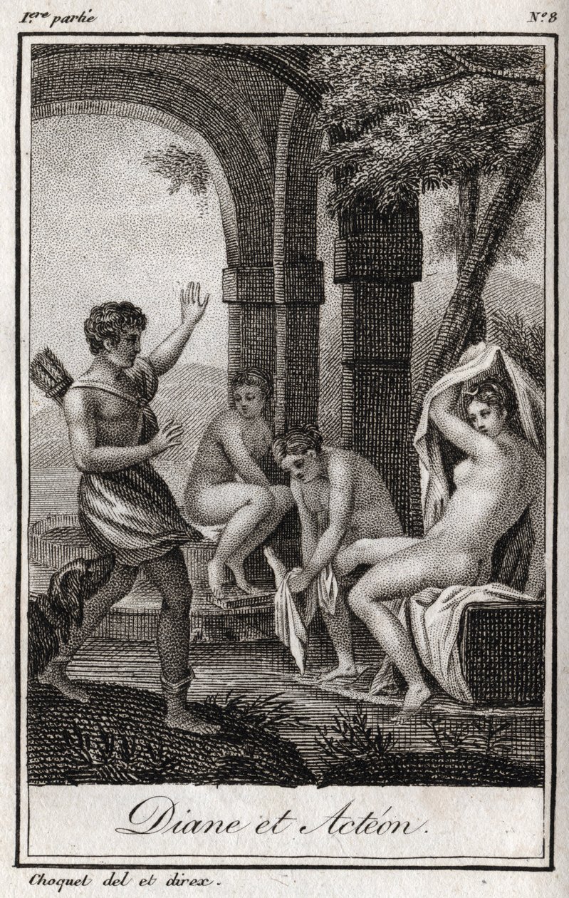 戴安娜和阿克泰恩（Diana and Actaeon） 戴安娜在洗澡时被猎人阿克泰恩吓了一跳。1819年的版画，载于查尔斯-阿尔伯特-德穆斯特（1760-1801）的 "Lettres a Emilie sur la mythologie"。私人收藏。 作者 匿名匿名