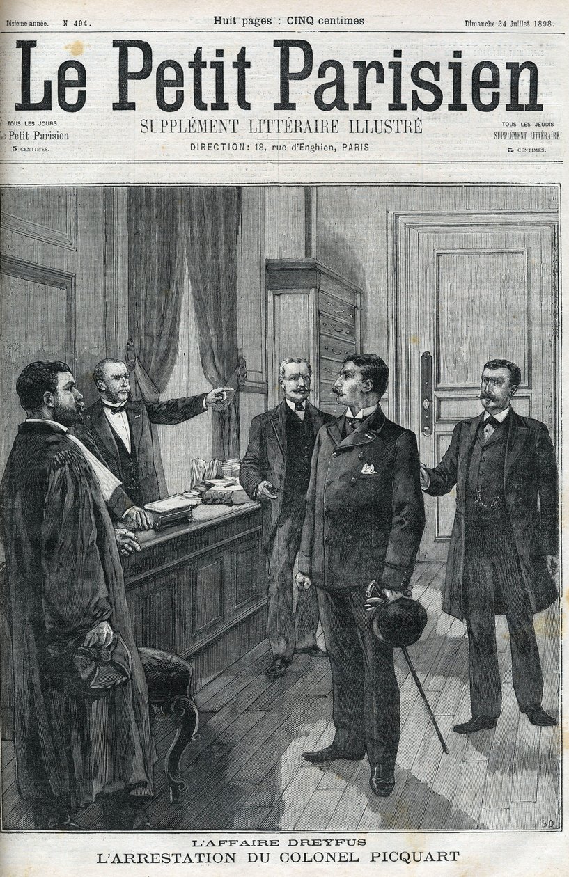 德雷福斯案，1898年，乔治-皮夸特中校（1854-1914）被捕。在1898年的 "le petit Parisien"。 作者 匿名匿名