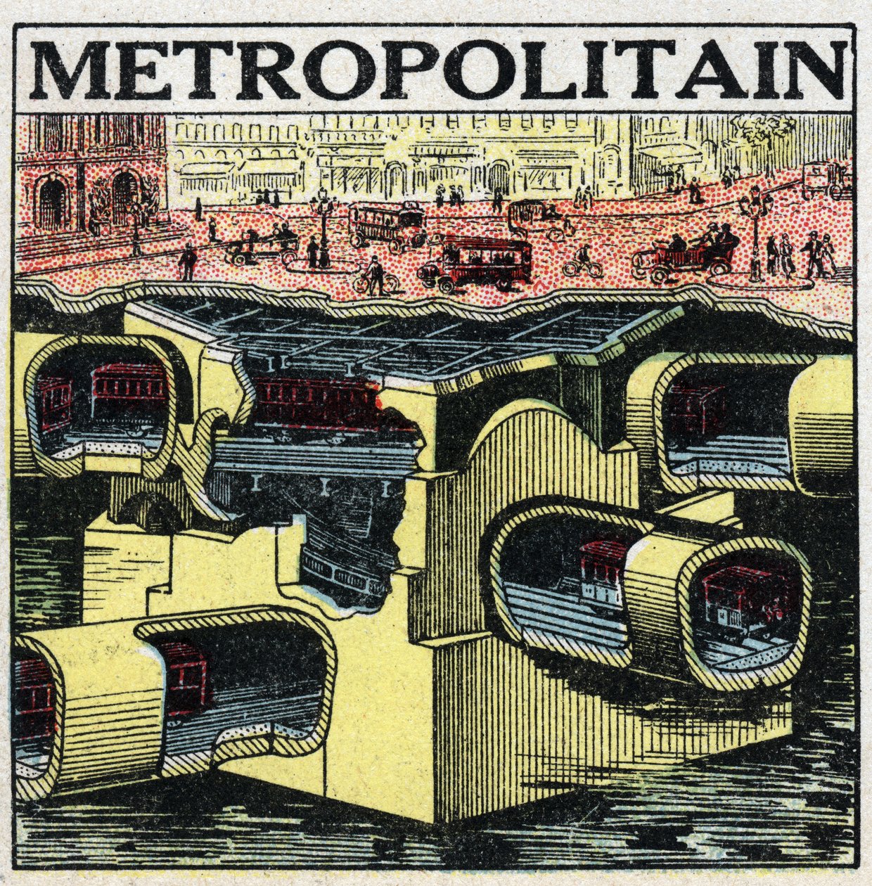 电动有轨电车：巴黎地面的横截面，显示了Metropolitain的线路。1925年的匿名插图。私人收藏。 作者 匿名匿名