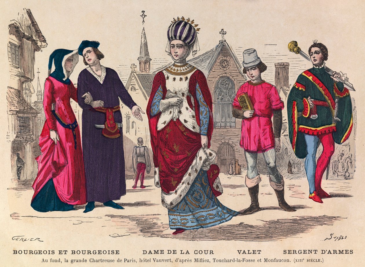 Engraving - Bourgeois et bourgeoise, Lady of the Court, valet, sergeant-at-arms in Paris in the 13th century (in the background la grande Chatreuse de Paris, hotel Vauvert) - Court costumes in France during the 13th century - private collection 作者 匿名匿名