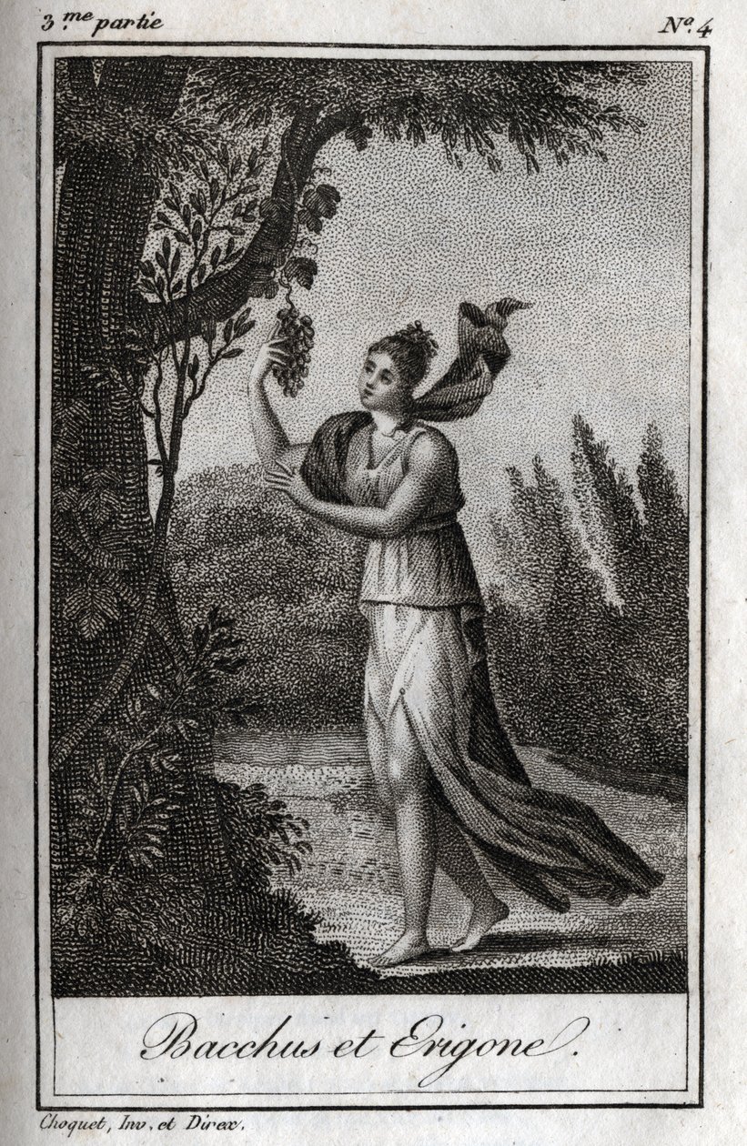 埃里戈和巴克斯，1819年的版画，载于查尔斯-阿尔伯特-德穆斯特（1760-1801）的《Lettres a Emilie sur la mythologie》。私人收藏。 作者 匿名匿名