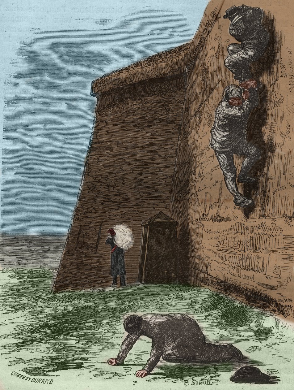 逃离 19 世纪的 bagne de Rochefort。 皮埃尔·扎科内（1817-1895 年）（Colonia Penale - 流放地）在“囚犯从被创造到今天的历史”（1877 年）中雕刻。 私人收藏。 作者 匿名匿名