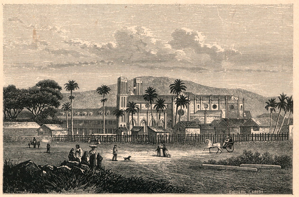 特立尼达（Trinidad and Tobago，特立尼达和多巴哥）的西班牙港（Port of Spain）大教堂外景。雕刻在 "Les Missions Catholiques au XIXeme Siecle "中，作者是Louis-Eugene（路易-尤金）-Louvet。私人收藏。 作者 匿名匿名