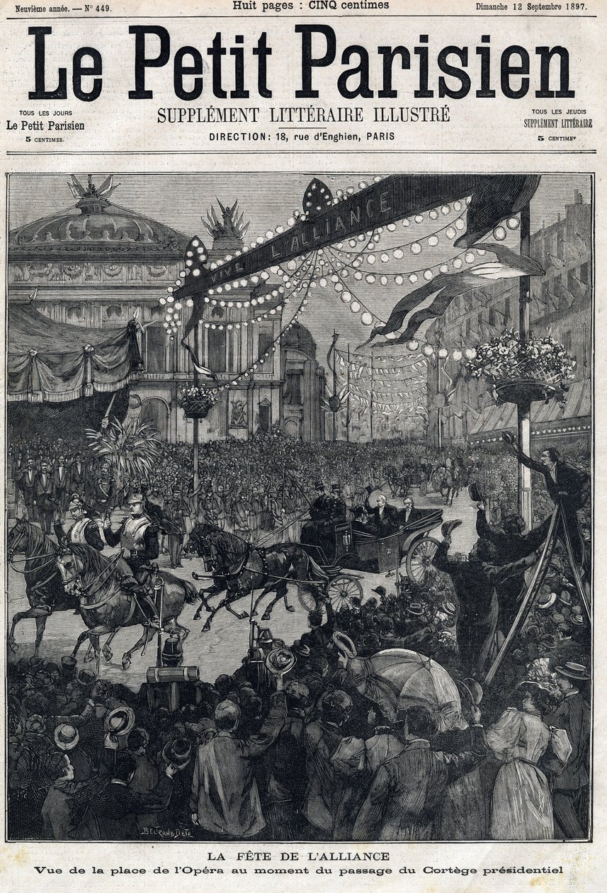法俄联盟节：费利克斯-福尔（1841-1899）的总统车队通过时的歌剧院广场景色。在1897年9月12日的 "小巴黎人 "上。私人收藏 作者 匿名匿名