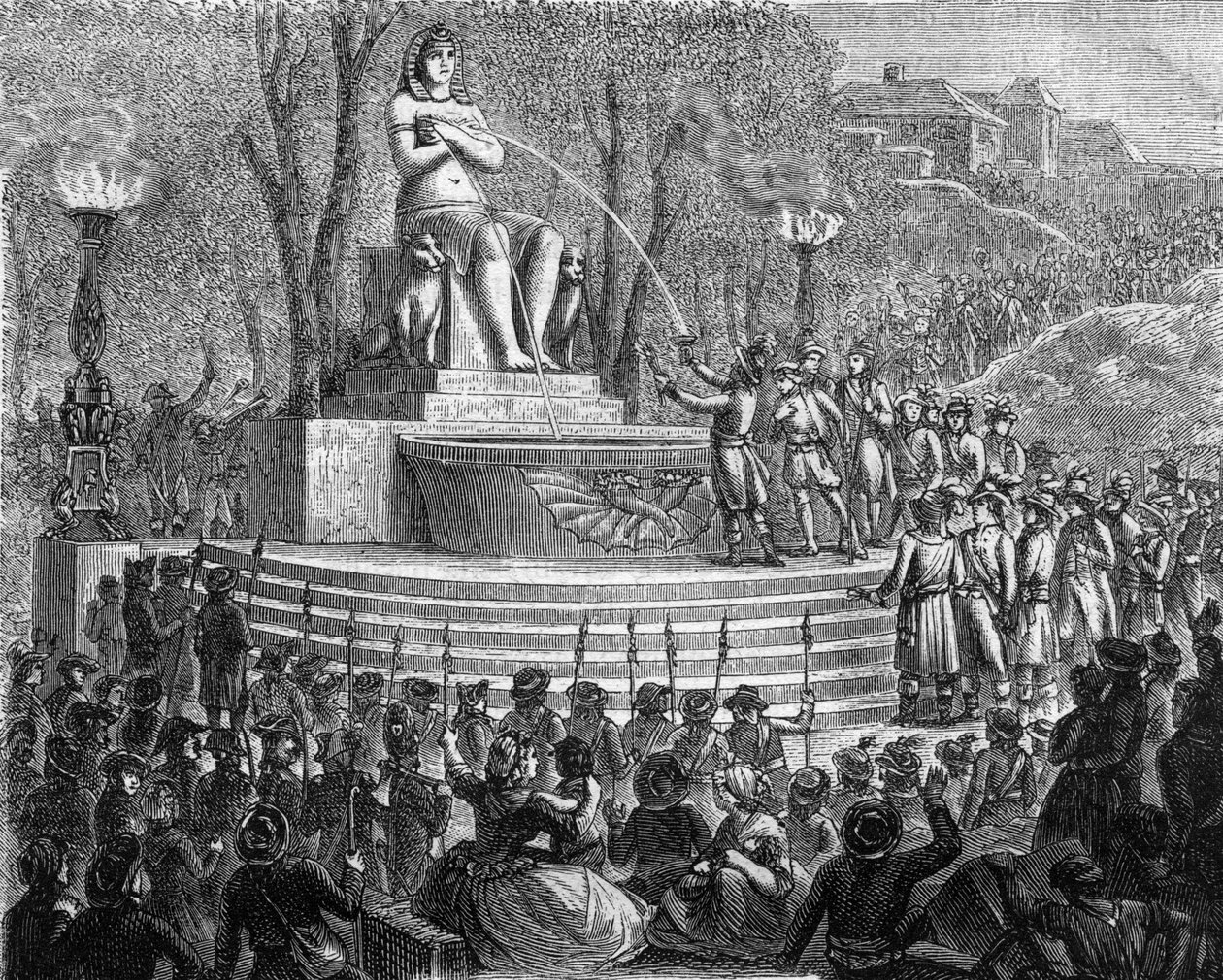 Fete de la nouvelle constitution (29 thermidor year I or 10 August 1793) - La Fontaine de la Regeneration sur les debris de la Bastille (10 August 1793) - Engraving in “Histoire des Girondins”” by Alphonse de Lamartine (1790-1869) 1865-1866 - Private colle 作者 匿名匿名