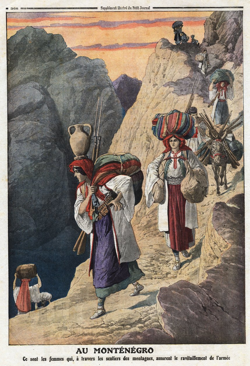 第一次巴尔干(Balkan)战争：黑山妇女徒步穿越山区，以确保武器的供应。插图摘自1912年11月17日《小报》 私人收藏。 作者 匿名匿名
