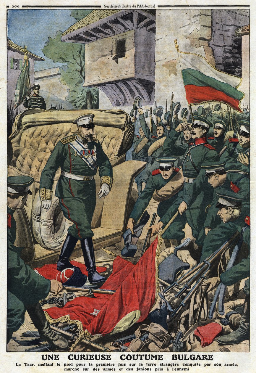 第一次巴尔干战争(Balkan)。保加利亚沙皇斐迪南一世（1861-1948）在穆斯塔法-帕沙（Mustapha Pasha），即现在的斐迪南多沃，向被他的军队征服的外国土地进军，披挂着敌人的武器和旗帜 "插图来自 "小报" 作者 匿名匿名