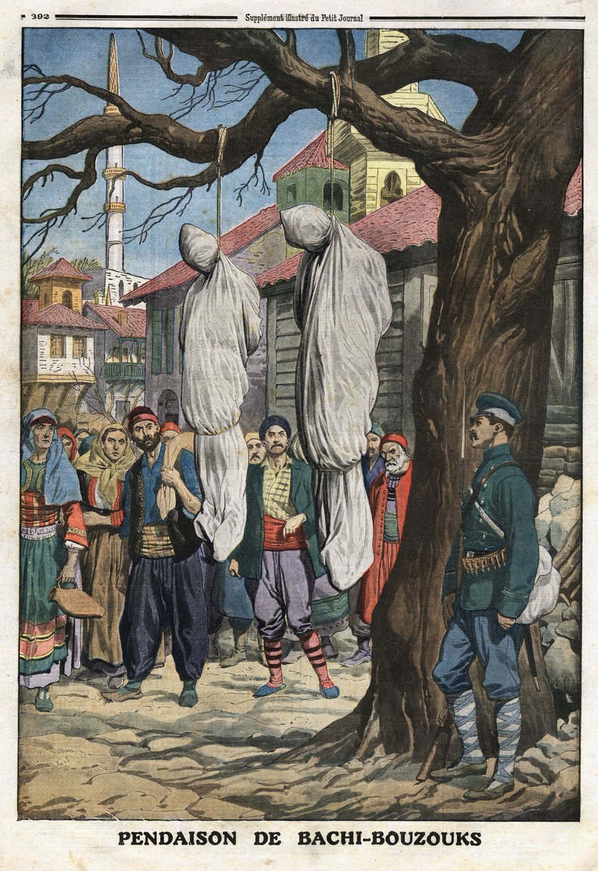 第一次巴尔干战争（Balkan）：在凯特丘克里村被保加利亚军队俘获的奥斯曼帝国军队的雇佣骑兵、强盗和掠夺者巴奇布祖克（Bachibuzuk，Bachi Buzuk）被绞死。插图摘自1912年12月8日的《小报》（Le Petite Journal）。 作者 匿名匿名