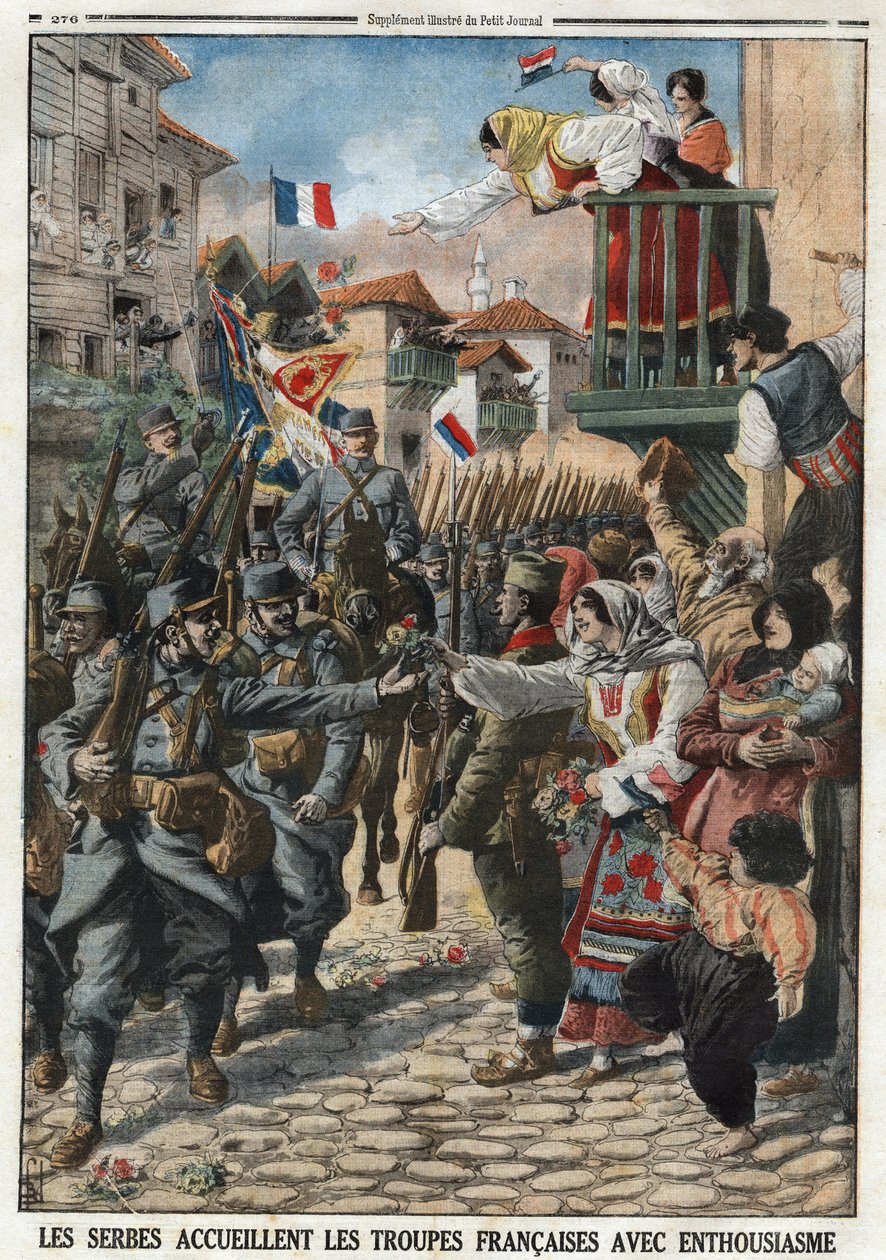 1914-1918年第一次世界大战（14-18）。塞尔维亚人热情地欢迎法国军队。1915年10月24日，《小报》上的雕刻。私人收藏。 作者 匿名匿名