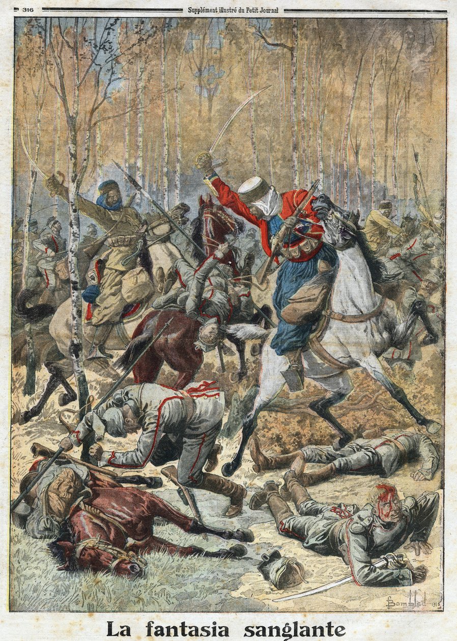 1914-1918年第一次世界大战（14-18）。"血腥幻想曲"。在树林中，一支由30名Urlans（手持长矛的德国骑兵）组成的部队与8名胜利的阿尔及利亚SPAHIS作战。1915年11月28日，"小报 "上的版画。私人收藏。 作者 匿名匿名