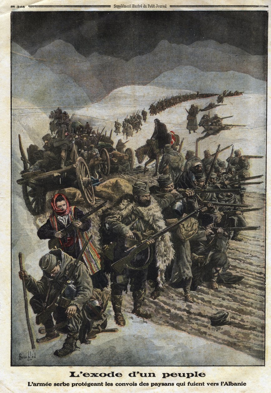 1914-1918年第一次世界大战（14-18）。"一个民族的出走"。塞尔维亚军队保护着从塞尔维亚逃往阿尔巴尼亚的农民车队。1915年12月26日，《小报》上的雕刻。私人收藏。 作者 匿名匿名