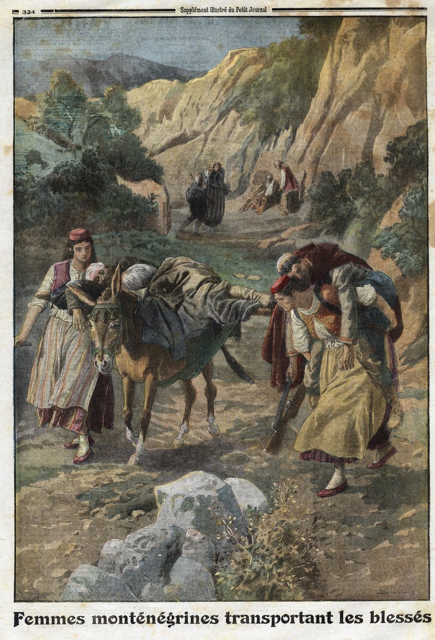 1914-1918年第一次世界大战（14-18）：黑山妇女将战争中的伤员背在唢呐上或扛在自己的肩上。1915年12月5日，《小报》上的雕刻。私人收藏。 作者 匿名匿名