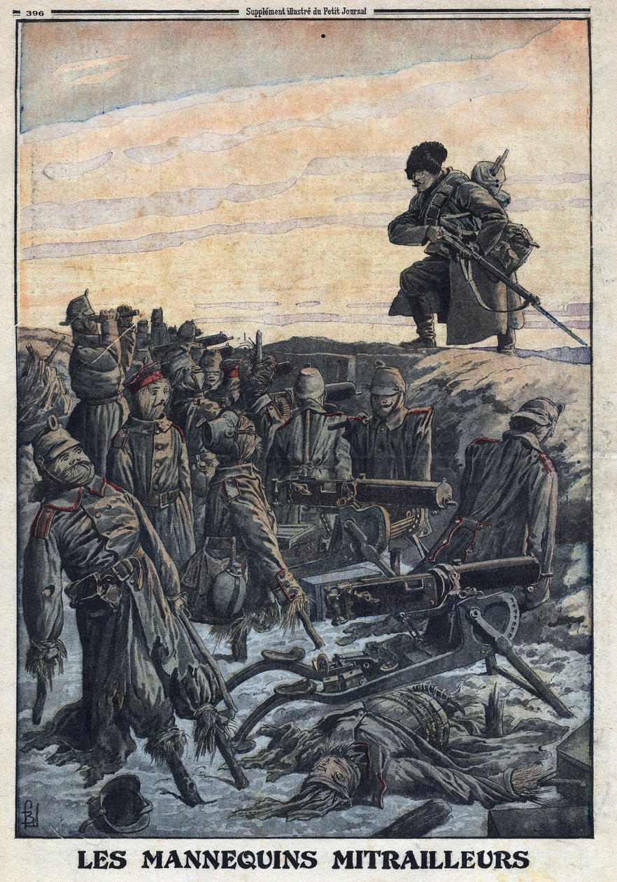 1914-1918年第一次世界大战（第14-18次战争）。德国士兵用他们在战壕里的人体模型，用机枪欺骗俄国敌人，从而进行诱捕。在 "Le Petite Journal "上，1916年2月6日。私人收藏 作者 匿名匿名