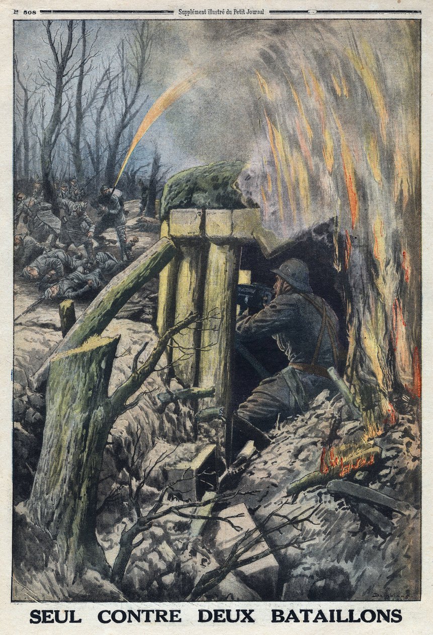 1914-1918年第一次世界大战（14-18战争）。一名法国军官独自一人在考雷斯森林中与德军的两个营作战。刊登在1916年5月14日的 "小报 "上。私人收藏 作者 匿名匿名