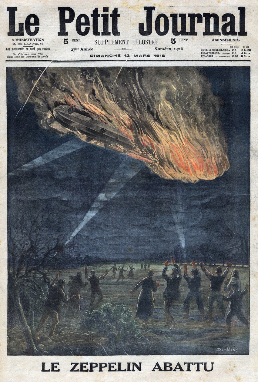 1914-1918年第一次世界大战（14-18战争）。德军的一艘齐柏林飞艇在圣梅内霍德（Sainte Menehould）附近被法军在露天射杀。在 "Le Petite Journal"，1916年3月12日。私人收藏 作者 匿名匿名