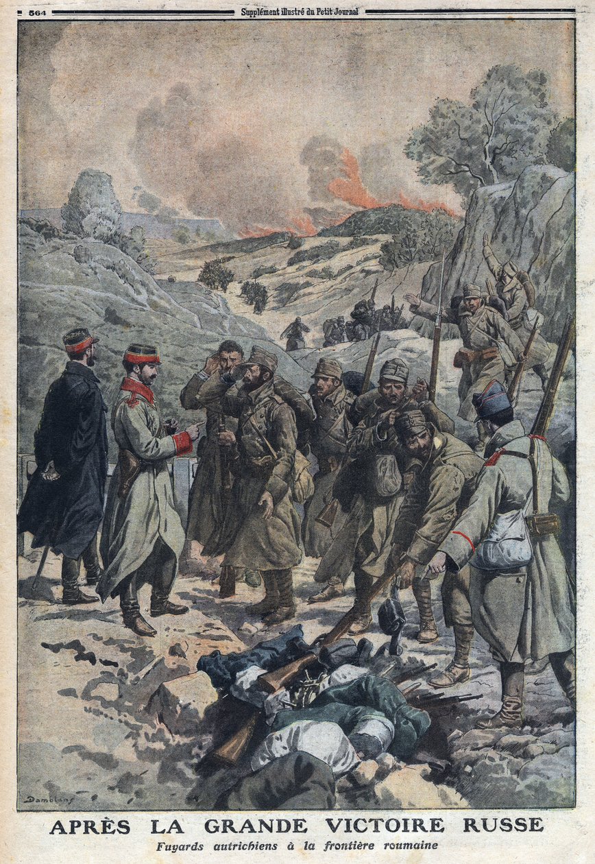 1914-1918年第一次世界大战（14-18年战争）。俄国人大获全胜后，从奥地利军队中逃出的人将武器扔到了罗马尼亚边境。在 "Le Petite Journal"，1916年7月2日。私人收藏 作者 匿名匿名