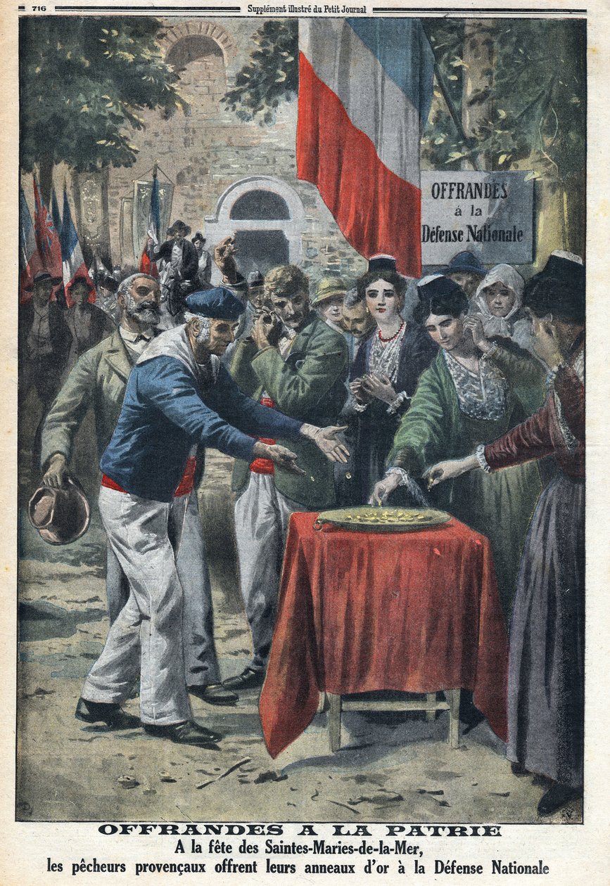 1914-1918年第一次世界大战（14-18年战争）。在Saintes-Maries-de-la-Mer（圣母玛利亚）的庆典上，水手们向全国提供金戒指，以资助援助国防。在 "小报 "上，1916年11月12日。私人收藏 作者 匿名匿名
