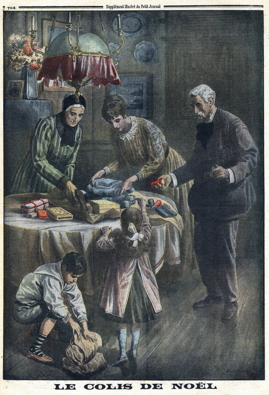1914-1918年第一次世界大战（14-18战争）。圣诞礼物。孩子们在圣诞节前夕收到并拆开他们在战场上从父亲那里收到的包裹。载于《小报》，1916年12月24日。私人收藏 作者 匿名匿名