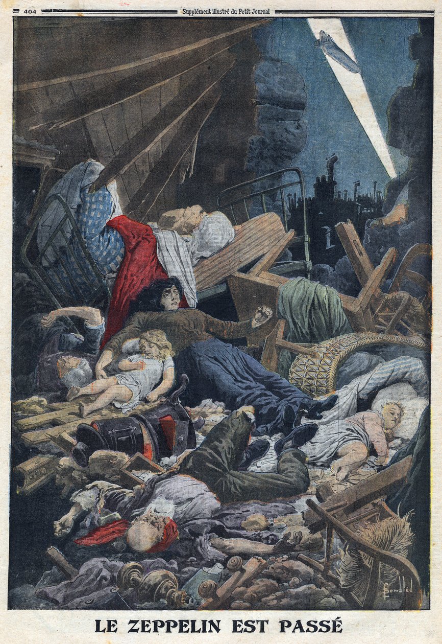 1914-1918年第一次世界大战（14-18年战争）。民众在家中被德国航空部队的齐柏林飞艇轰炸而死亡。在 "Le Petite Journal"，1916年2月13日。私人收藏 作者 匿名匿名