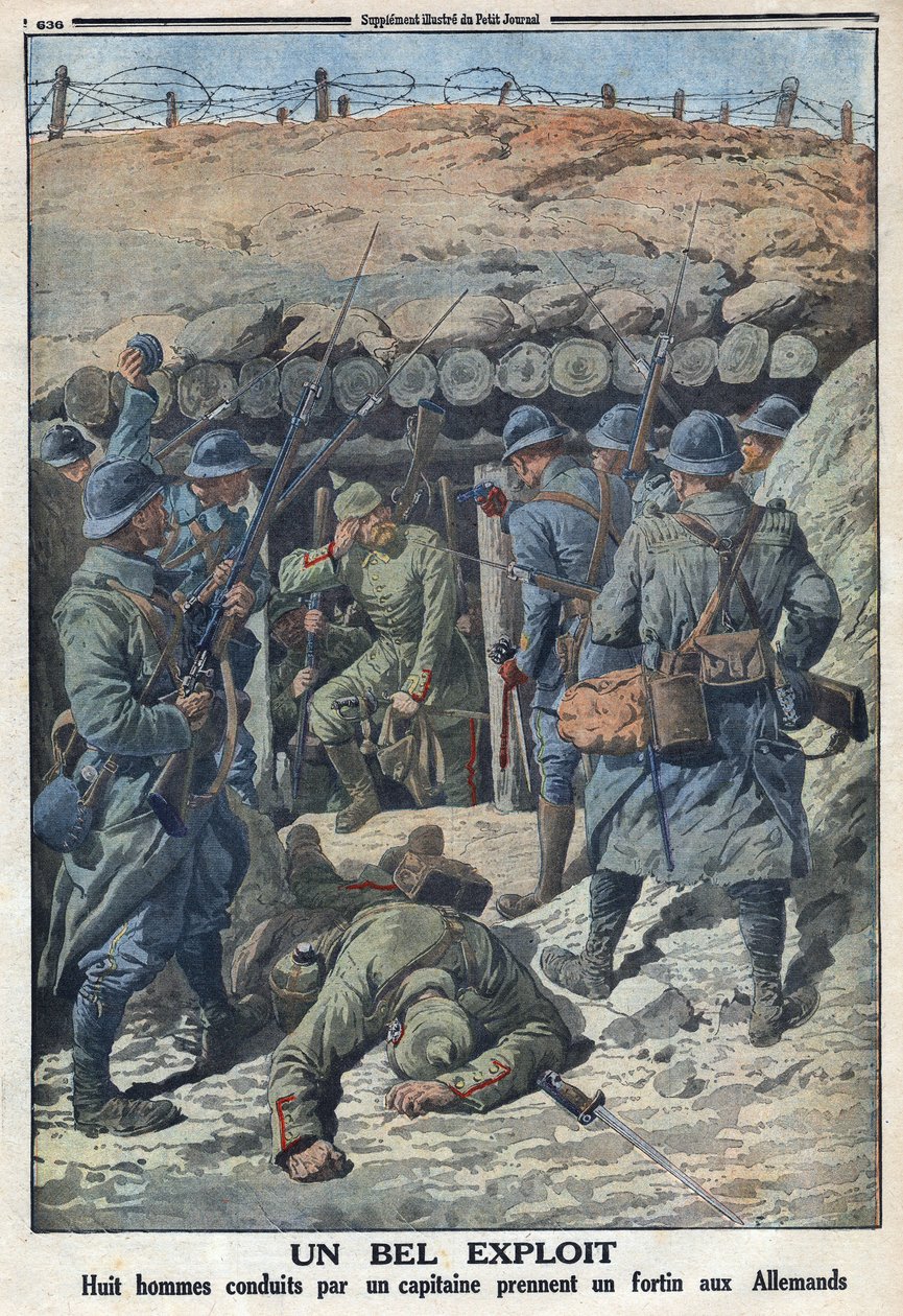 第一次世界大战1914-1918年（14-18年战争）。由一名上尉率领的8名法军士兵从德军手中夺取了一座堡垒。载于1916年9月3日《小报》。私人收藏 作者 匿名匿名