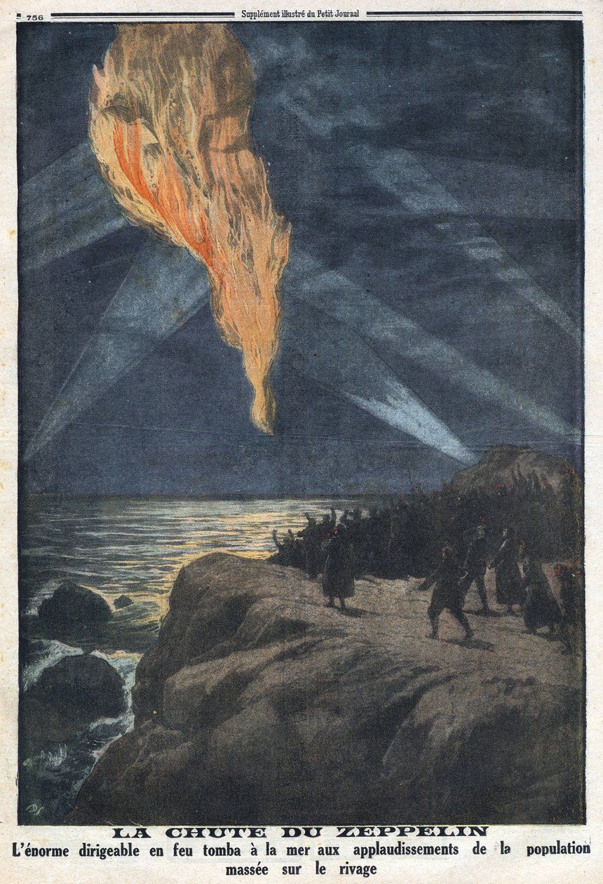 1914-1918年第一次世界大战（14-18战争）。燃烧的德军飞艇在英国突袭归来时坠落。在 "Le Petite Journal"，1916年12月17日。私人收藏 作者 匿名匿名