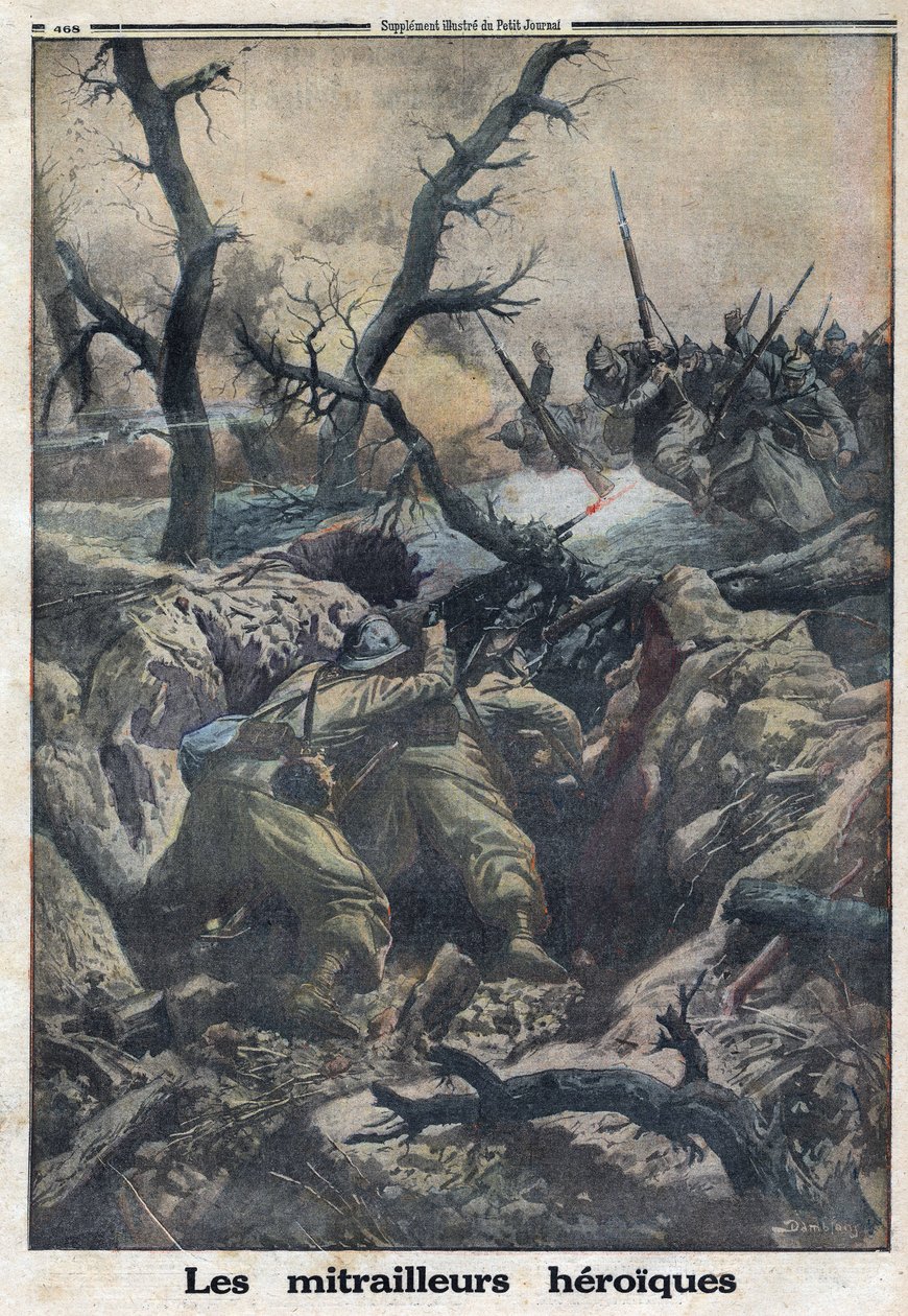1914-1918年第一次世界大战（14-18战争）。法国机枪手向德军进攻时射击。载于 "小报"，1916年4月9日。私人收藏 作者 匿名匿名