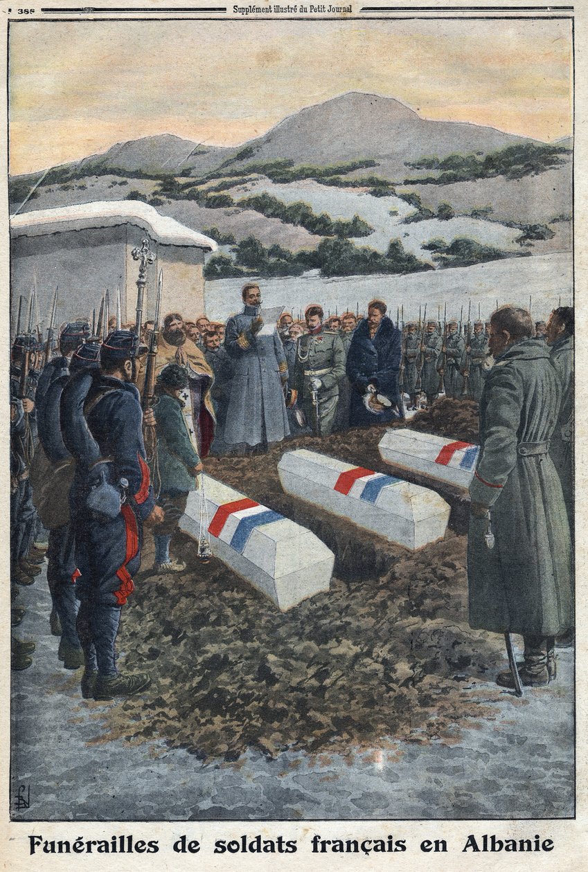 1914-1918年第一次世界大战（14-18战争）。在阿尔巴尼亚的法国士兵的葬礼。在 "小报 "上 作者 匿名匿名