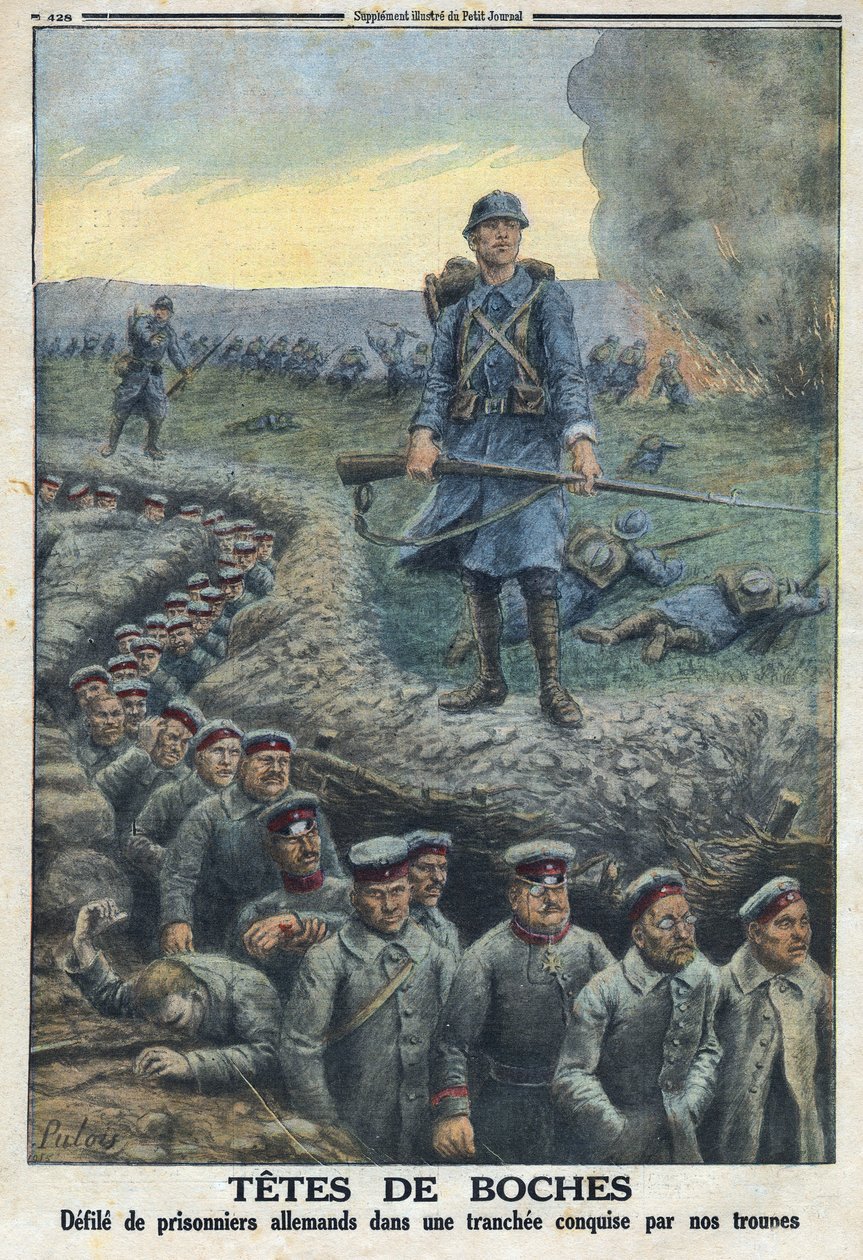 1914-1918年第一次世界大战（14-18战争）。"头颅"：在法军部队征服的战壕里玷污了德国俘虏。在 "Le Petité Journal "上，1916年3月5日。私人收藏 作者 匿名匿名