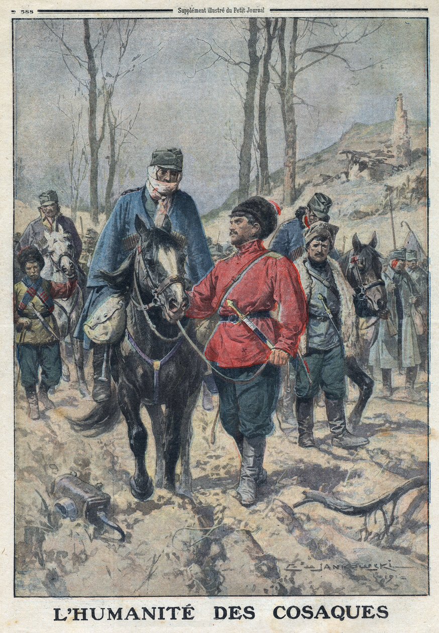 1914-1918年第一次世界大战（14-18战争）。马匹被借给了生病或受伤的卡萨克军队的奥地利囚犯。在 "Le Petite Journal"，1916年7月23日。私人收藏 作者 匿名匿名