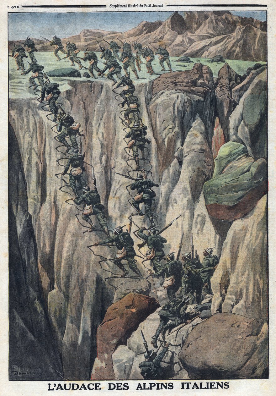 1914-1918年第一次世界大战（14-18战争）。意大利士兵爬上意大利菲姆阿尔卑斯山的卡乌里尔山顶。载于《小报》，10月8日 作者 匿名匿名