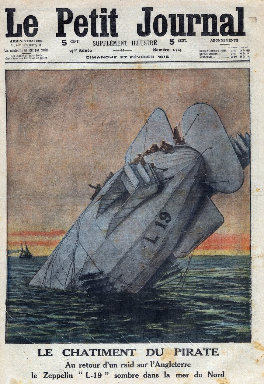 1914-1918年第一次世界大战（14-18战争）。德国空军的齐柏林飞艇L-19在突袭英国的返回途中，在北海失败。在 "小报 "上，1916年2月27日。私人收藏 作者 匿名匿名