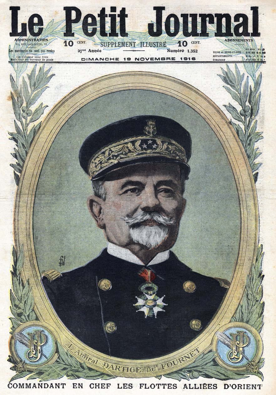 1914-1918年第一次世界大战（14-18战争）。东方盟军舰队总司令达蒂奇-杜-福内上将的画像。刊登在1916年11月19日的《小报》上。私人收藏 作者 匿名匿名