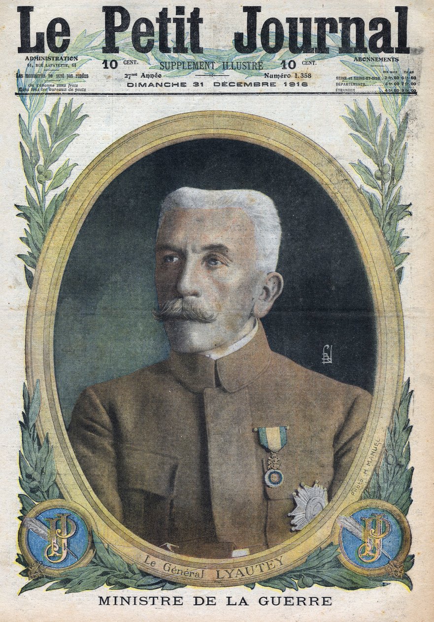 1914-1918年第一次世界大战（14-18战争）。休伯特-廖泰将军（Louis-Hubert-Gonzalve Lyautey）（1854-1934）战争部长的肖像。刊登于《小报》，1916年12月31日。私人收藏 作者 匿名匿名