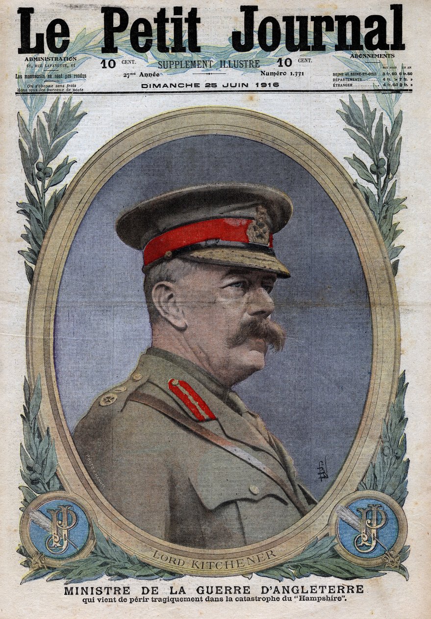1914-1918年第一次世界大战（14-18战争）。英国战争部长霍雷肖-赫伯特-基钦纳（1850-1916）的画像。刊登在 "小报 "上，1916年6月25日。私人收藏 作者 匿名匿名