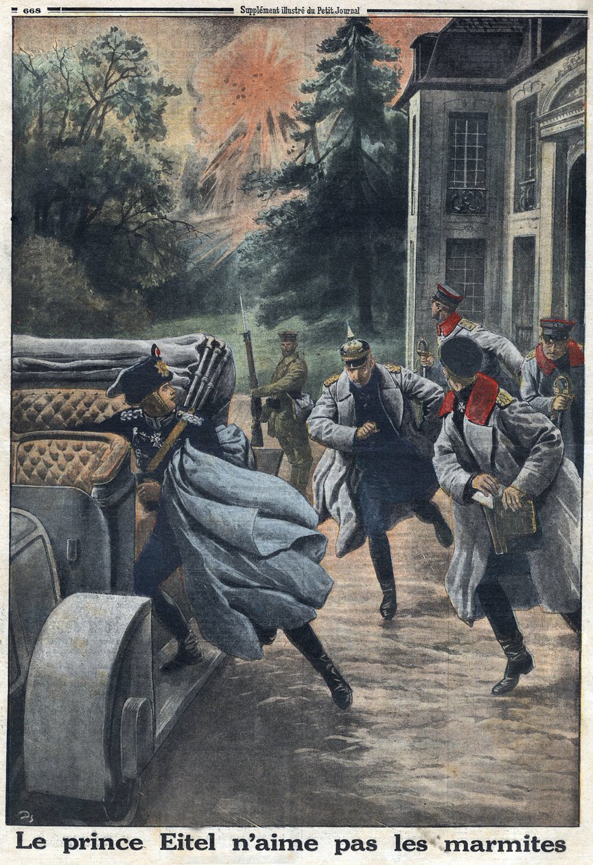 1914-1918年第一次世界大战（14-18战争）。普鲁士的艾特尔-弗雷德里克王子（1883-1942）在库洛米耶镇的英军逼近时逃跑。在 "Le Petite Journal "上，1916年10月1日。私人收藏 作者 匿名匿名