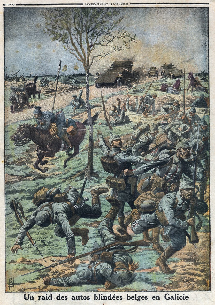 1914-1918年第一次世界大战（14-18战争）。加利西亚的比利时汽车盲人突击队。在 "Le Petite Journal "上，1916年10月29日。私人收藏 作者 匿名匿名