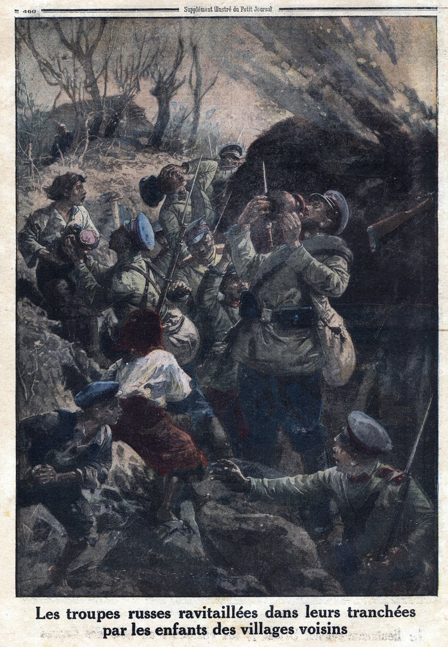 1914-1918年第一次世界大战（第14-18次战争）。俄国军队在战壕里为邻近村庄的儿童加油。载于 "小报"，1916年4月2日。私人收藏 作者 匿名匿名