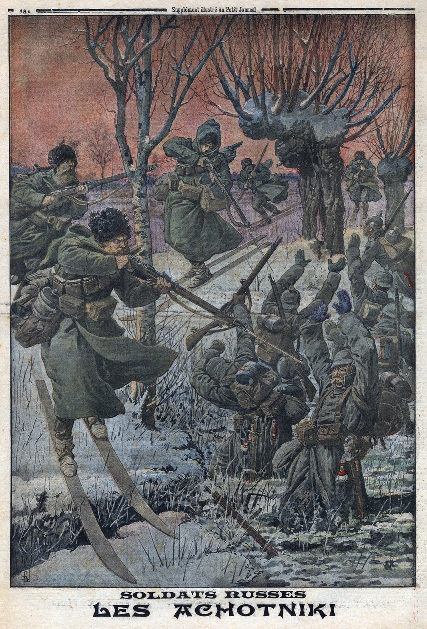 1914-1918年第一次世界大战（14-18战争）。骑着滑雪板的俄罗斯士兵Ahotniki射杀德国士兵。在 "Le Petite Journal"，1916年1月23日。私人收藏 作者 匿名匿名